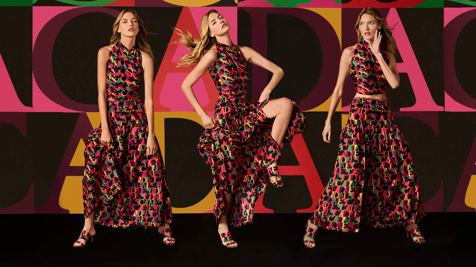 Campaña de ESCADA primavera/verano 2026: tres looks con tops halter y faldas largas