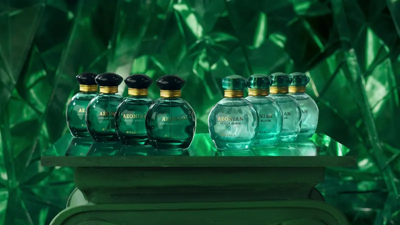 Rituals Aeonian: los ocho frascos de la colección de alta perfumería sobre un pedestal verde