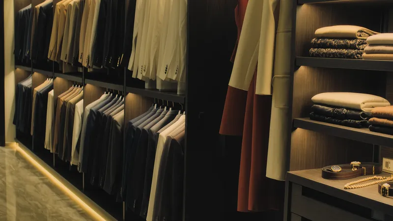 Vestidor con trajes colgados en varias filas, jerseys doblados en estantes y relojes sobre una cómoda.