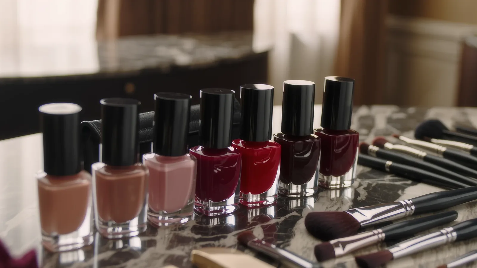 Siete frascos de esmalte de uñas en tonos claros y rojos junto a brochas sobre mármol oscuro