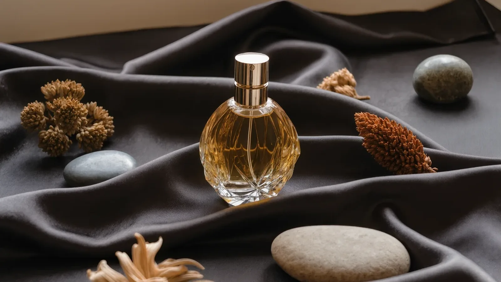 Frasco de perfume de cristal tallado con tapón dorado sobre satén oscuro entre piedras lisas y flores secas