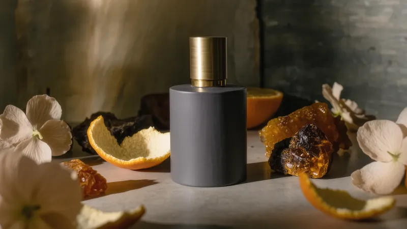 Frasco de perfume gris con tapón dorado entre cáscaras de naranja, resina ámbar y flores blancas