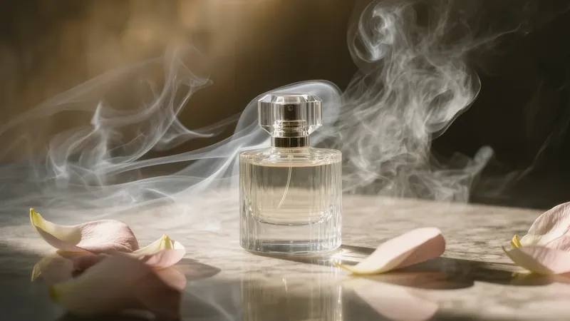 Frasco de perfume de cristal rodeado de humo y pétalos de rosa sobre una superficie de mármol