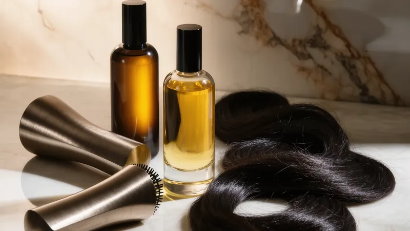 Mechón de cabello oscuro junto a un frasco de vidrio ámbar y un frasco de aceite dorado sobre mármol