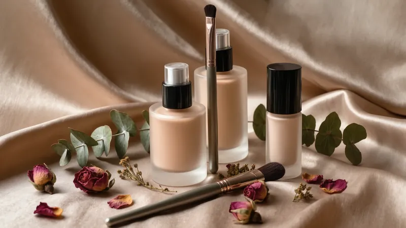 Tres frascos de maquillaje con tapa negra, dos pinceles, eucalipto y rosas secas sobre satén beige