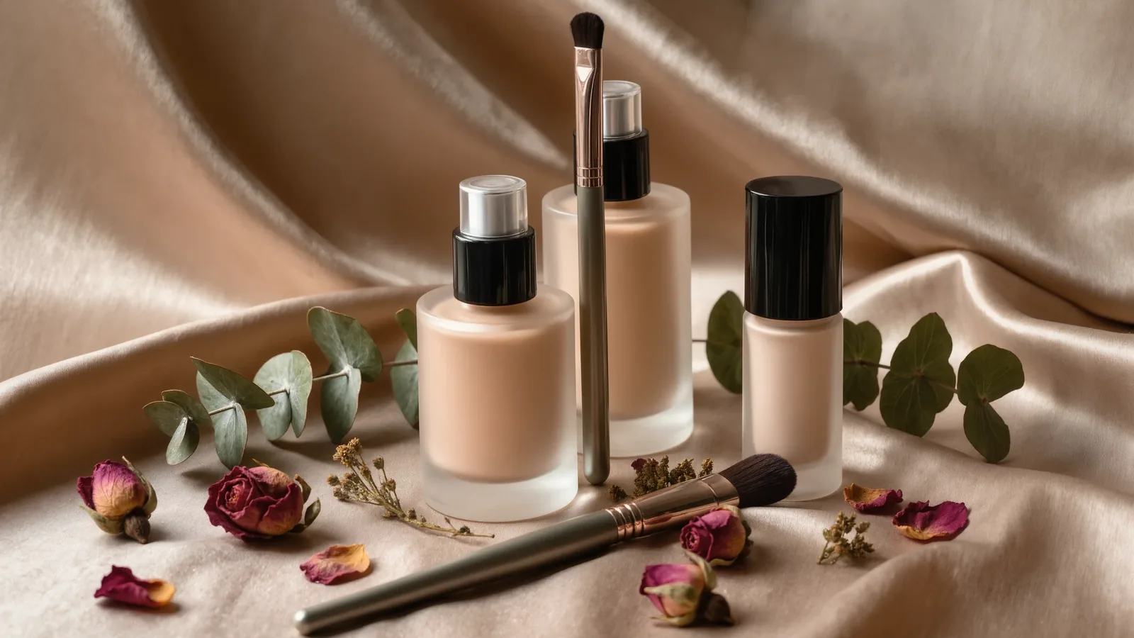 Tres frascos de maquillaje con tapa negra, dos pinceles, eucalipto y rosas secas sobre satén beige