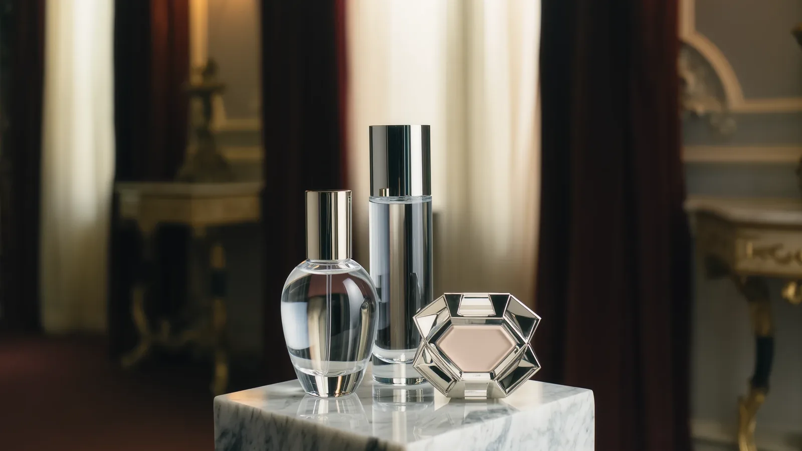 Dos frascos de perfume transparentes y un compacto plateado sobre un pedestal de mármol en un salón con cortinas