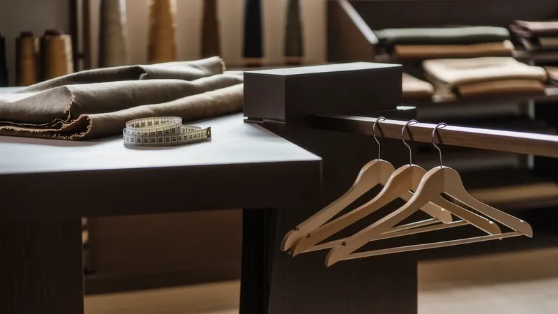 Mesa de sastre con tela doblada, cinta métrica enrollada y tres perchas de madera colgadas al borde