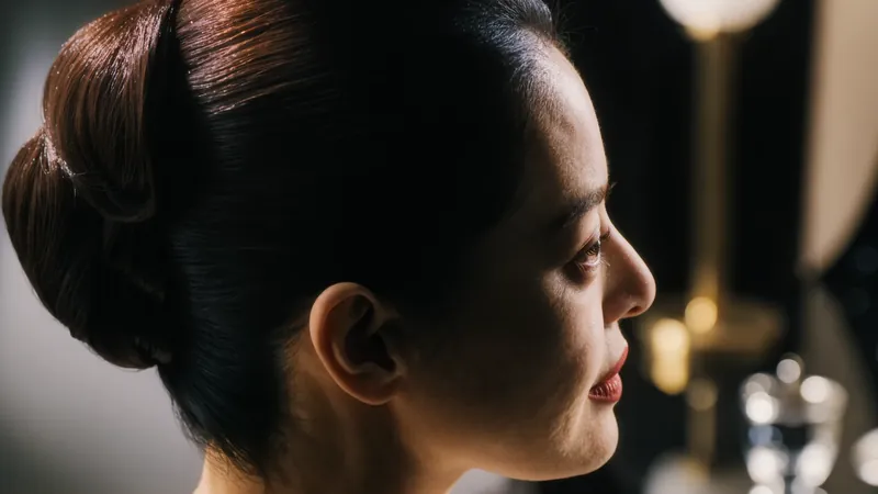 Perfil de una mujer con moño liso y labios rojos ante luces cálidas desenfocadas