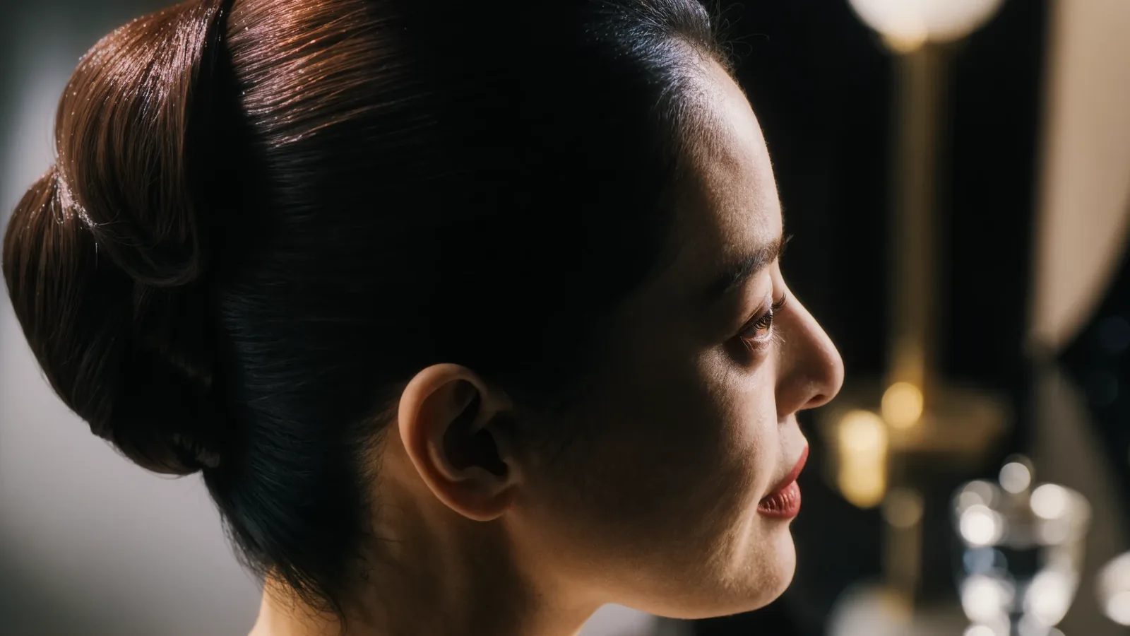 Perfil de una mujer con moño liso y labios rojos ante luces cálidas desenfocadas