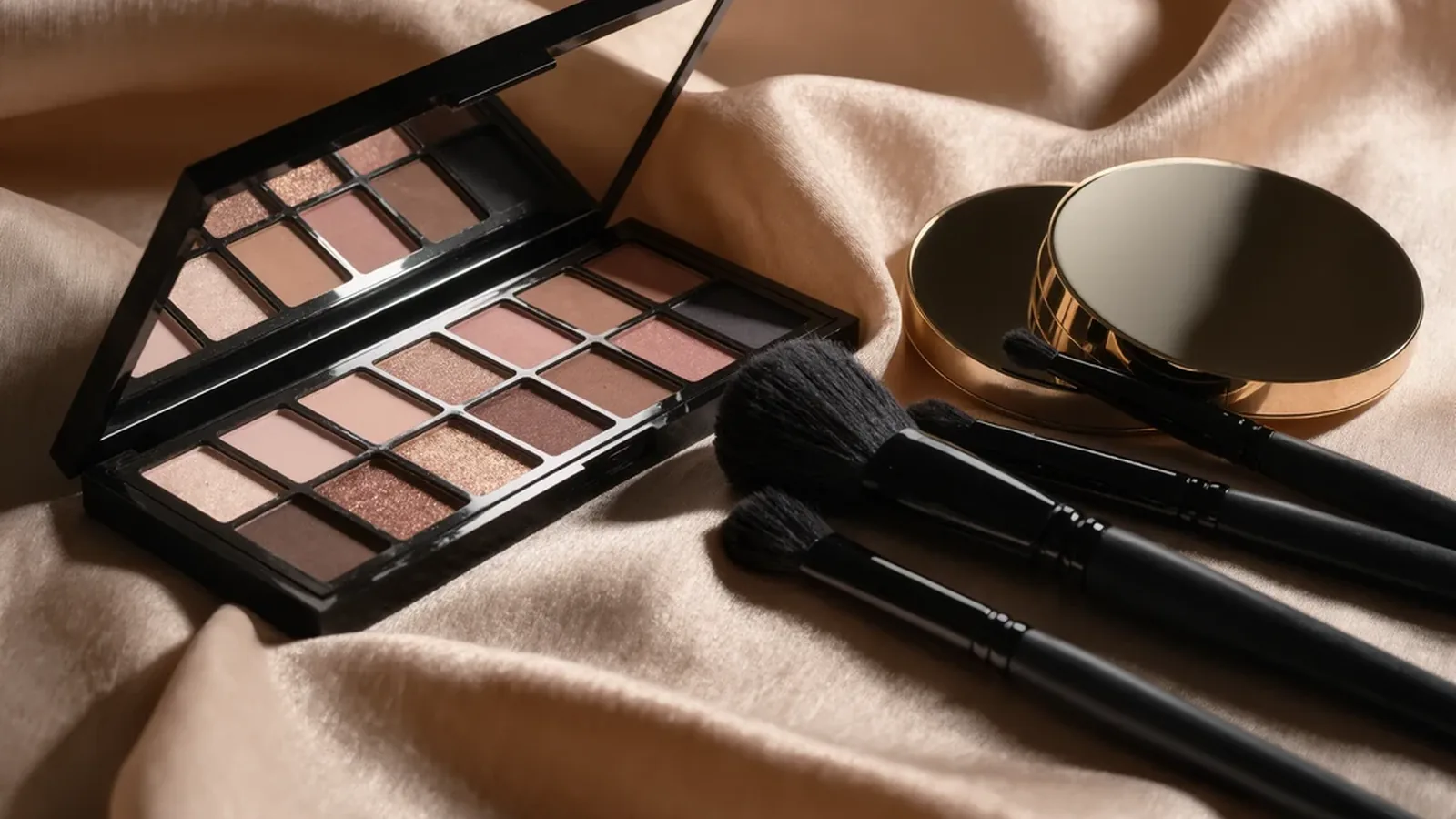 Paleta de sombras en tonos nude abierta junto a brochas negras y polveras doradas sobre tela de satén