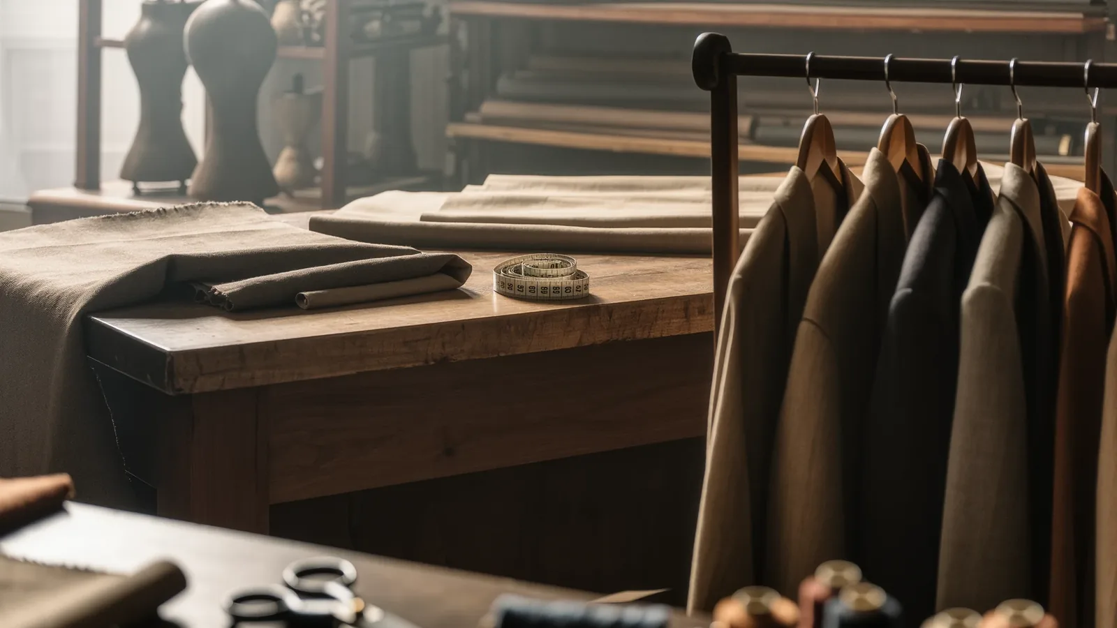 Taller de sastre con chaquetas colgadas, cinta métrica sobre la mesa, tijeras e hilos en primer plano