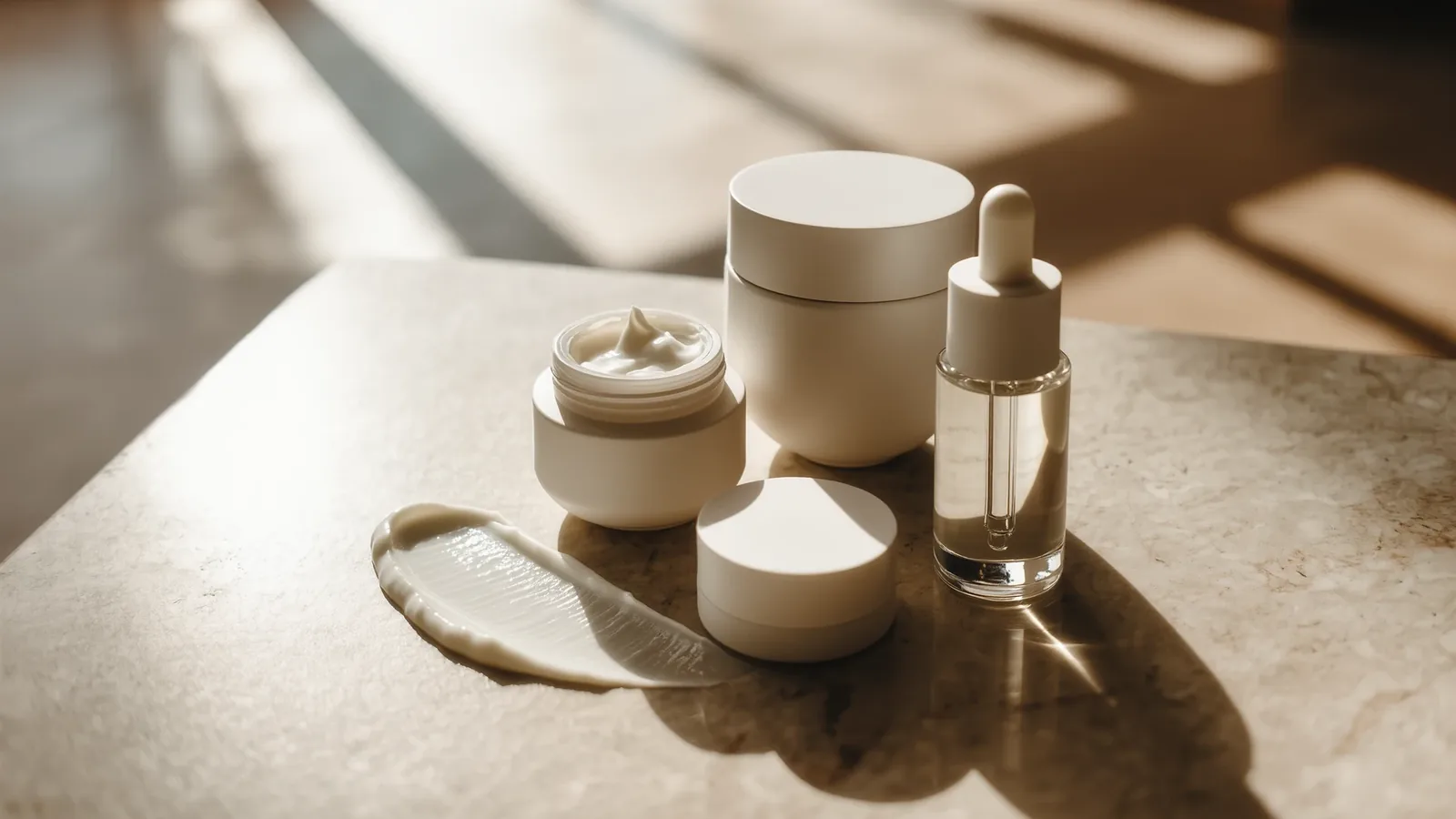 Tarros de crema beige, un frasco con cuentagotas y una pincelada de crema bajo la luz del sol