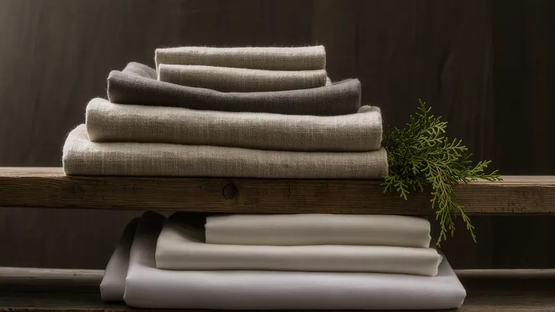 Pilas de telas de lino y algodón dobladas sobre un banco de madera con una ramita verde