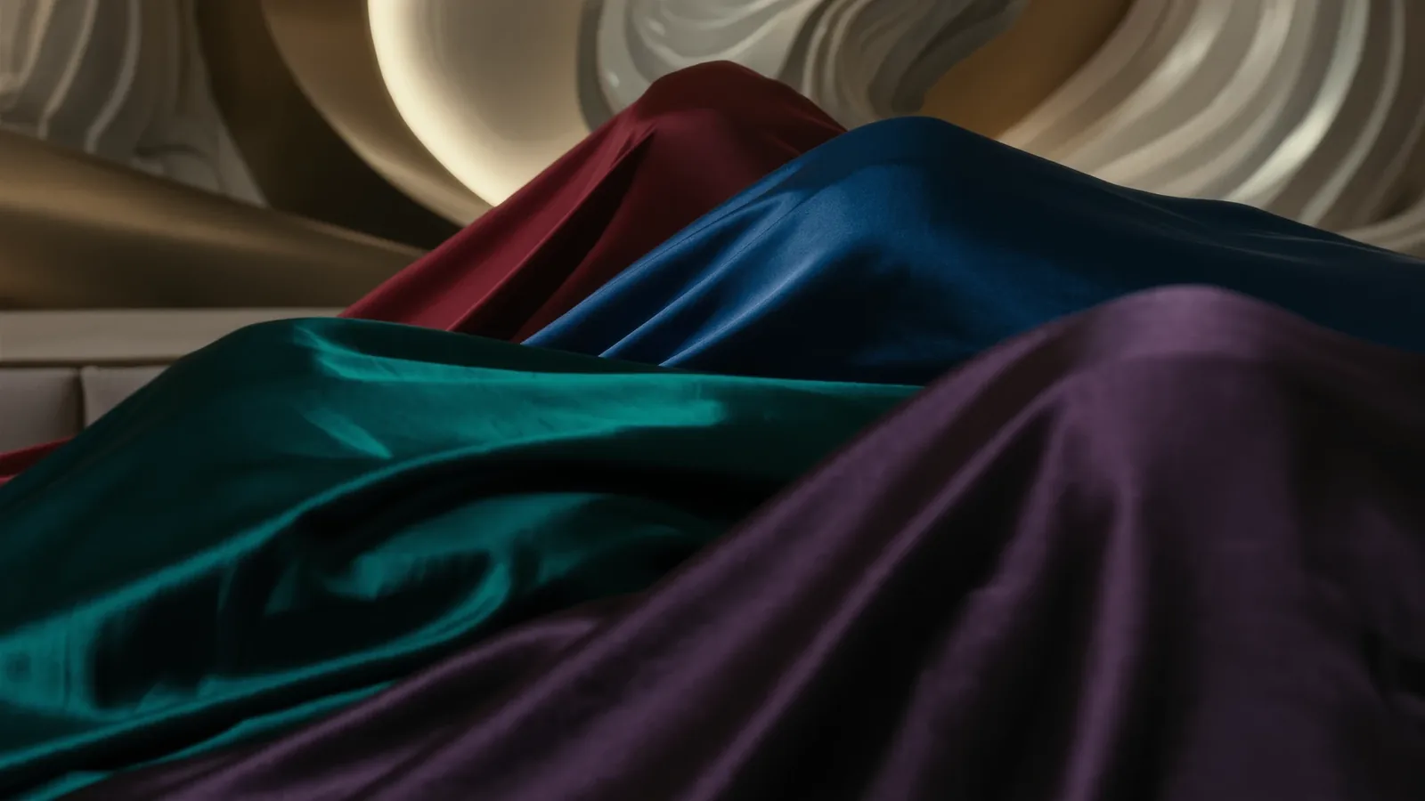 Telas de satén en tonos verde, azul, granate y morado drapeadas ante un fondo ondulado